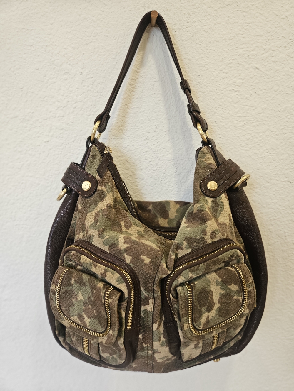 b. makowsky Camouflage Canvas & Dark Brown Leather Shoulder Bag